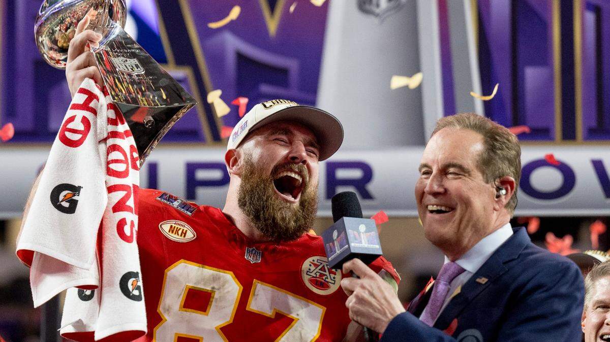 Travis Kelce hoisted the Lombardi Trophy after the Chiefs defeated the San Francisco 49ers in overtime 25-22 in Super Bowl 58 on Feb. 11, 2024, in Las Vegas. The 2025 Super Bowl will be in New Orleans.