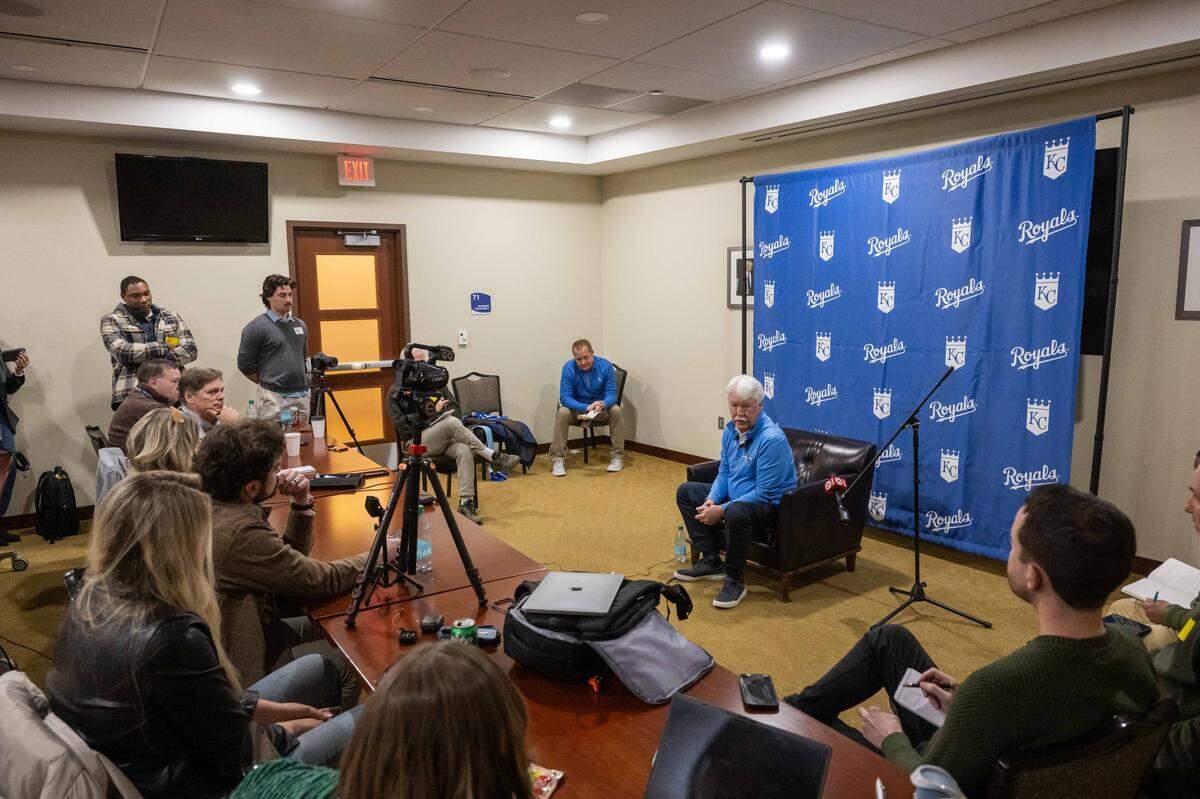 Kansas City Royals owner John Sherman speaks to the media during Royals Rally at Kauffman Stadium on Saturday, January 31, 2026.