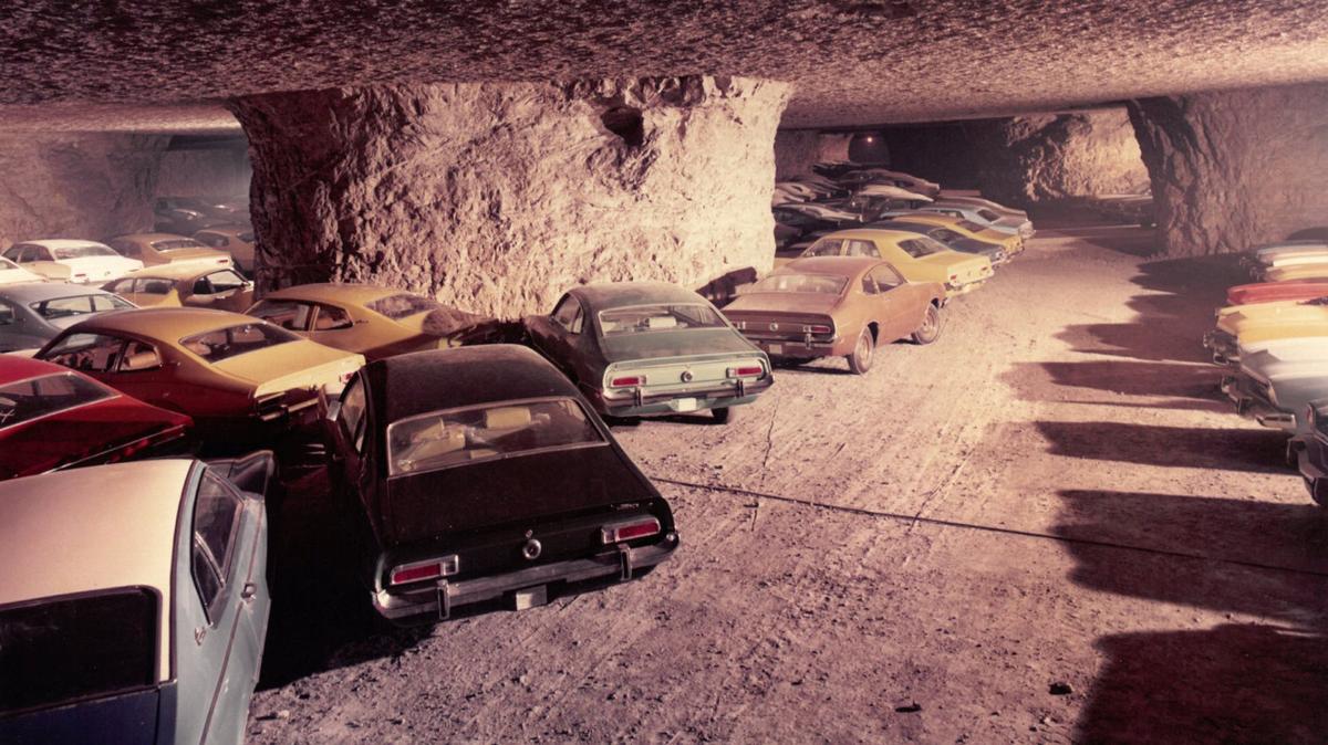 A bevy of Ford Maverick sedans in SubTropolis, circa 1973, in the storage caves owned by Hunt Midwest.