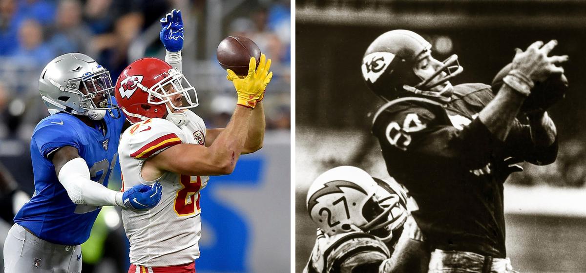 Kansas City Chiefs tight ends Travis Kelce, left, and Fred Arbanas. (Kelce photo by Jill Toyoshiba/The Kansas City Star, Arbanas photo courtesy Kansas City Chiefs Archive)