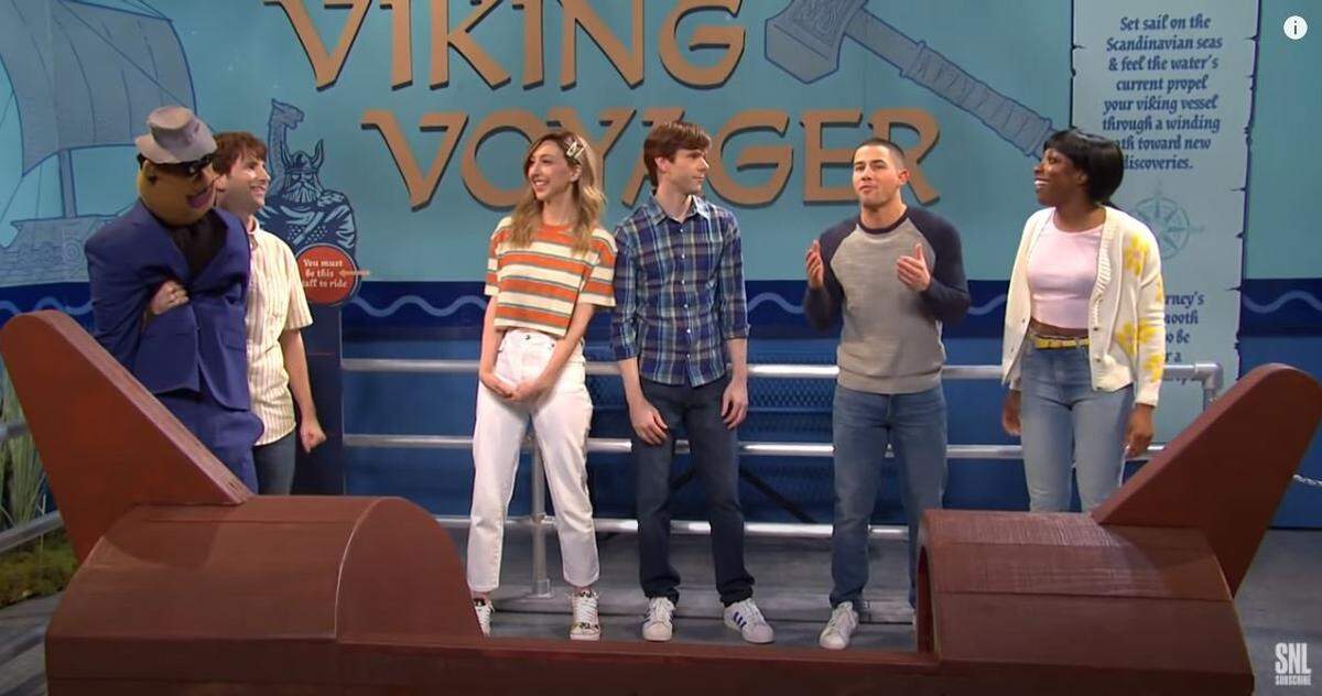 In 2021, a “Saturday Night Live” sketch hopped aboard the Viking Voyager at Kansas City’s Worlds of Fun. From left: Kyle Mooney, Kansas City native Heidi Gardner, Mikey Day, guest host Nick Jonas and Ego Nwodim.