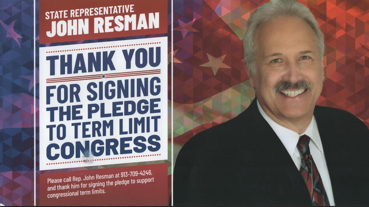 A mailer paid for by U.S. Term Limits, a nonpartisan advocacy group based in Washington D.C., touts Olathe state Rep. John Resman’s pledge to support Congressional term limits. Resman is currently seeking his fifth term in the Kansas Legislature.