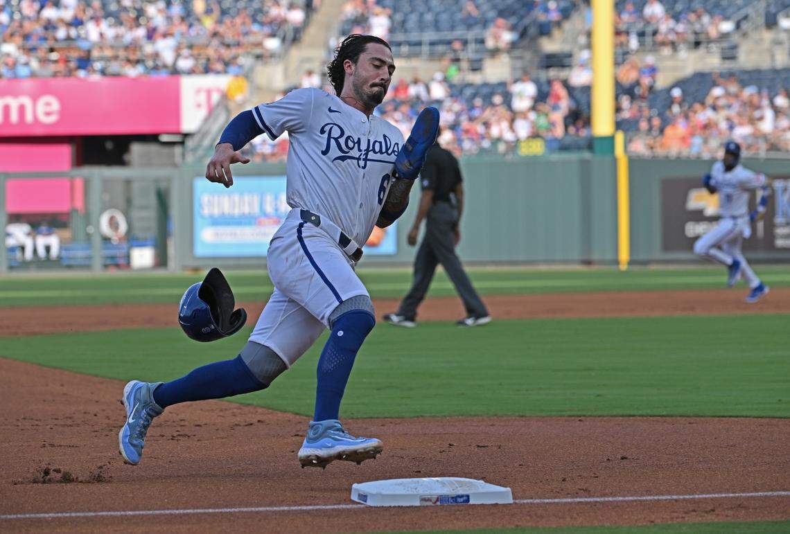 Royals second baseman Jonathan India was flying as he rounded third en route to scoring against the Atlanta Braves in the first inning at Kauffman Stadium in Kansas City on Monday, July 28, 2025.