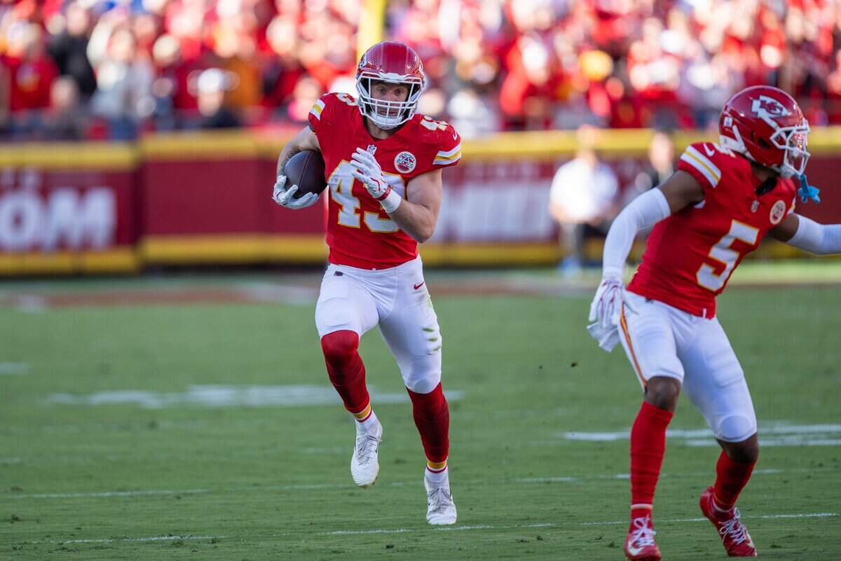 Kansas City Chiefs linebacker Jack Cochrane (43) runs the football after an interception in the first half of the Chiefs game vs. the Los Angeles Chargers, on Sunday, October 18, 2026, at Arrowhead Stadium.