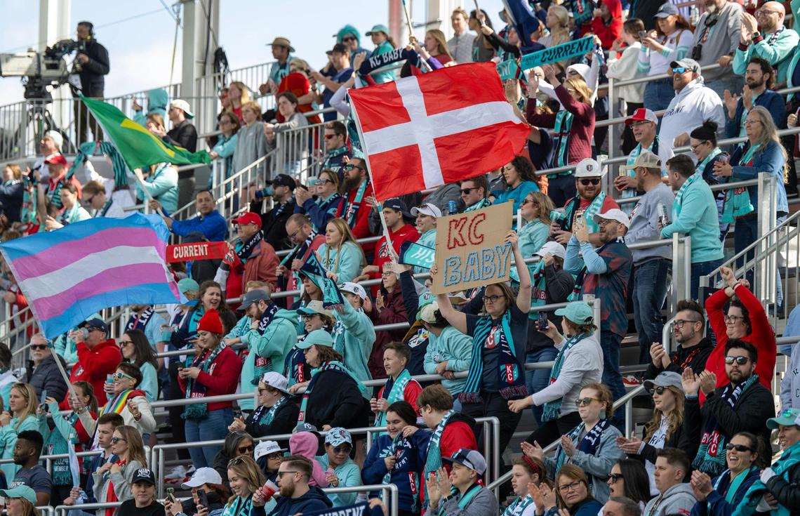 Fans cheer as the Kansas City Current defeats the Portland Thorns, 5-4, in the home opener at the new CPKC Stadium on Saturday, March 16, 2024, in Kansas City.