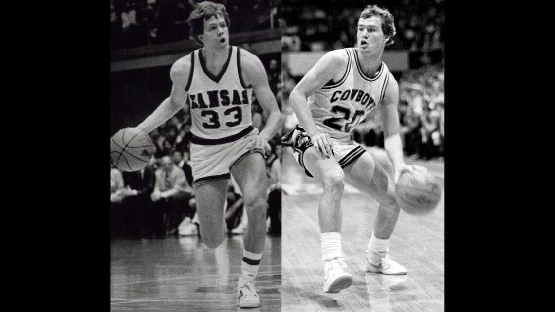 As college basketball players, Kansas’ Tad Boyle (left) and Oklahoma State’s Bill Self faced off 10 times in the early 1980s.