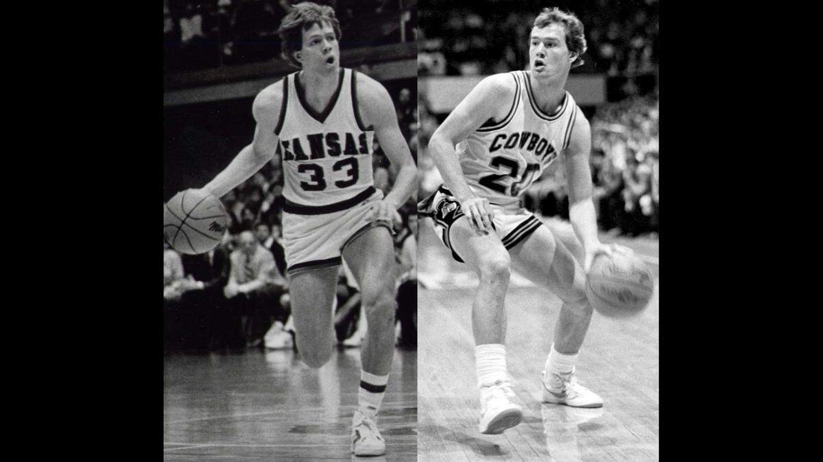 As college basketball players, Kansas’ Tad Boyle (left) and Oklahoma State’s Bill Self faced off 10 times in the early 1980s.