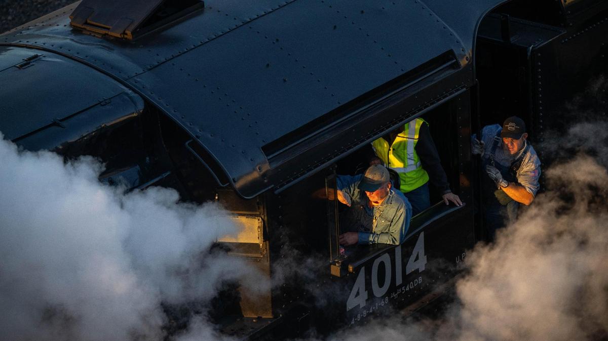 Engineers operate the Union Pacific’s Big Boy as it rolls into Kansas City on Tuesday, Oct. 15, 2024. The 1.2 million-pound locomotive first put into operation in 1941 is one of 25 ever built and the last one still running.