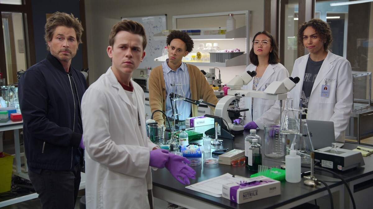 In “Unstable,” from left, Rob Lowe plays a biotech genius whose son, Jackson (real life son John Owen Lowe), tries to pull him from the depths of grief. Kansas City’s Aaron Branch plays Jackson’s old friend Malcolm. The show also stars Rachel Marsh and Emma Ferreira.