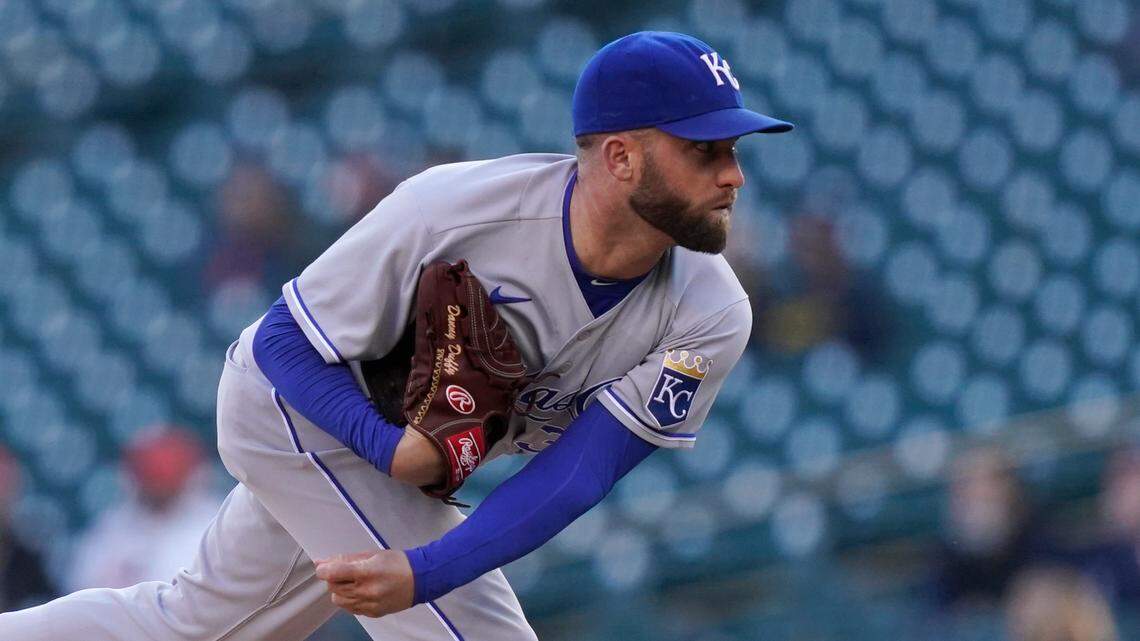 Kansas City Royals starting pitcher Danny Duffy throws during the first inning of a baseball game against the Detroit Tigers, Wednesday, May 12, 2021, in Detroit. (AP Photo/Carlos Osorio)