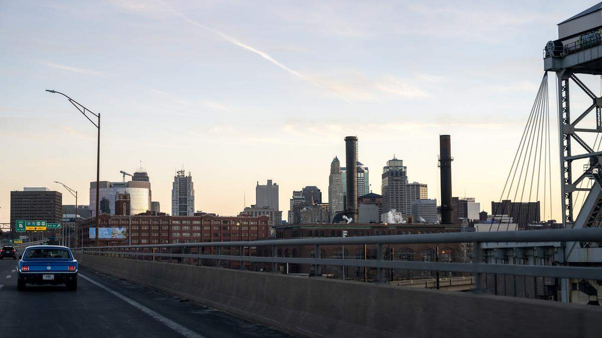 The Kansas City skyline is seen from Heart of America Bridge on Friday, March 27, 2026.