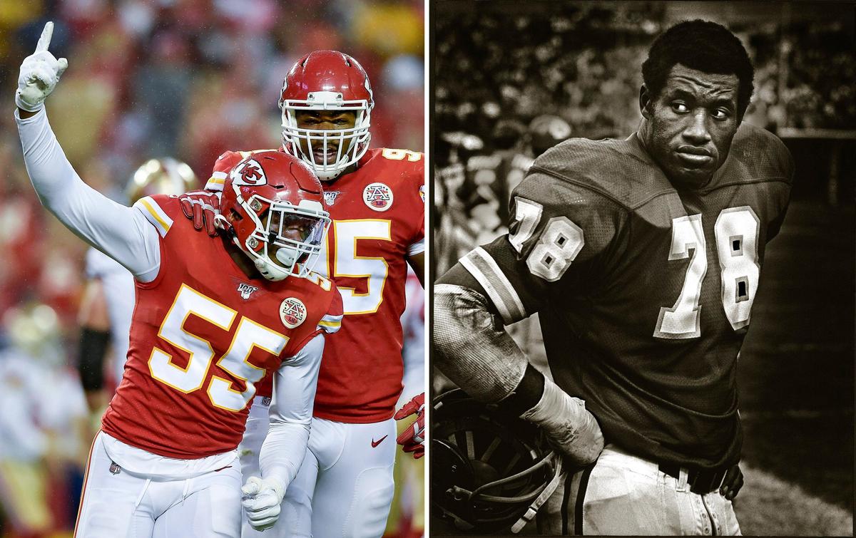 Kansas City Chiefs linebackers Frank Clark, left, and Bobby Bell. (Clark photo by Jill Toyoshiba/The Kansas City Star, Bell photo File/The Kansas City Star)