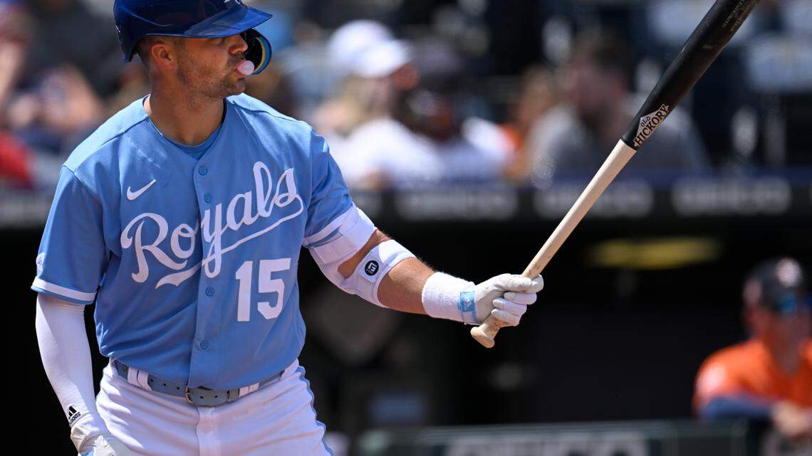 Kansas City Royals’ Whit Merrifield at bat against the Houston Astros during the sixth inning of a baseball game, Sunday, June 5, 2022, in Kansas City, Mo. (AP Photo/Reed Hoffmann)