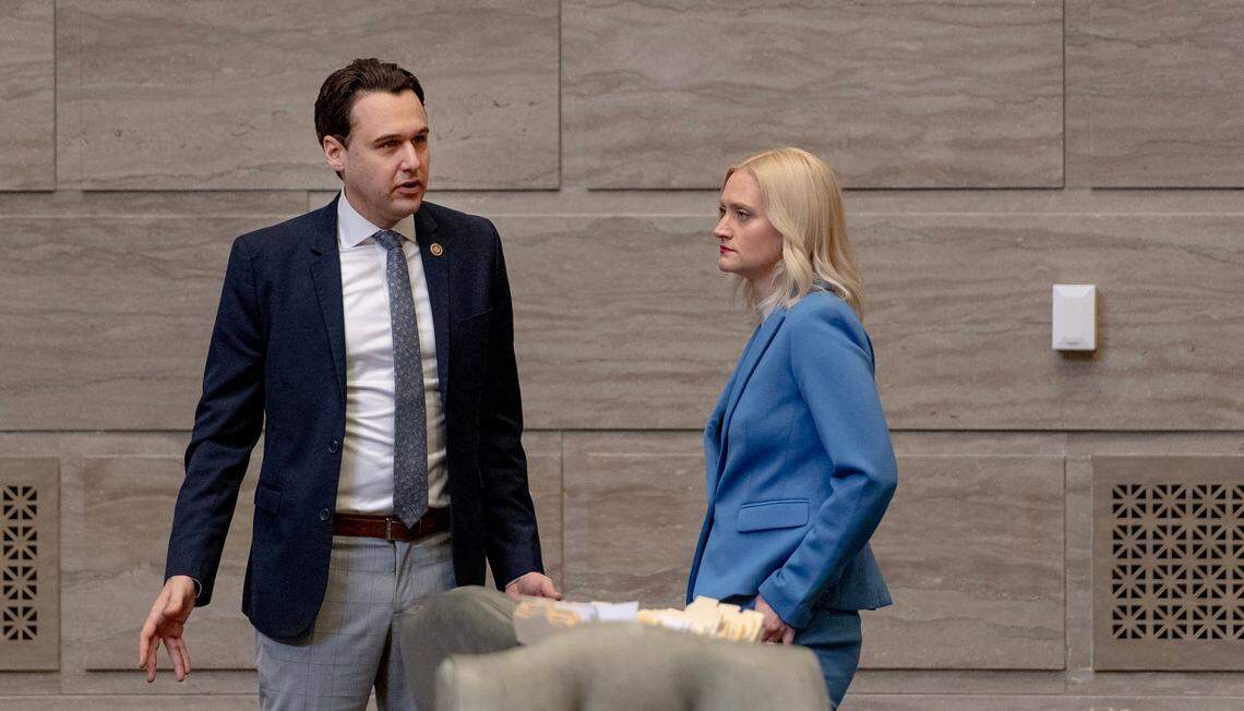 Senate Minority Leader John Rizzo, an Independence Democrat, speaks with state Sen. Lauren Arthur, a Kansas City Democrat, at the state Capitol in Jefferson City.