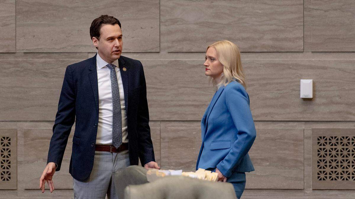Senate Minority Leader John Rizzo, an Independence Democrat, speaks with state Sen. Lauren Arthur, a Kansas City Democrat, at the Missouri Capitol in 2023.