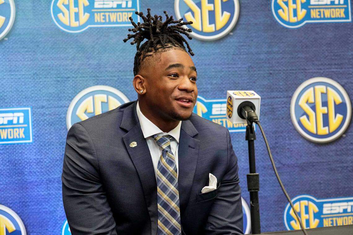Missouri Tigers D-lineman Isaiah McGuire is interviewed during SEC Media Days at the College Football Hall of Fame in Atlanta on July 18, 2022.