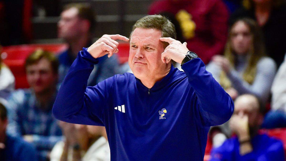 Kansas Jayhawks head coach Bill Self communicates from the sidelines against the Utah Utes during the first half at the Jon M. Huntsman Center on Feb. 15, 2025.