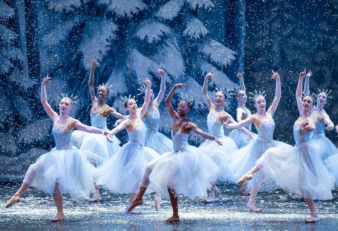 Kansas City Ballet dancers perform during the Kingdown of the Snow scene during the final dress rehearsal of “The Nutcracker” at the Kauffman Center for the Performing Arts.