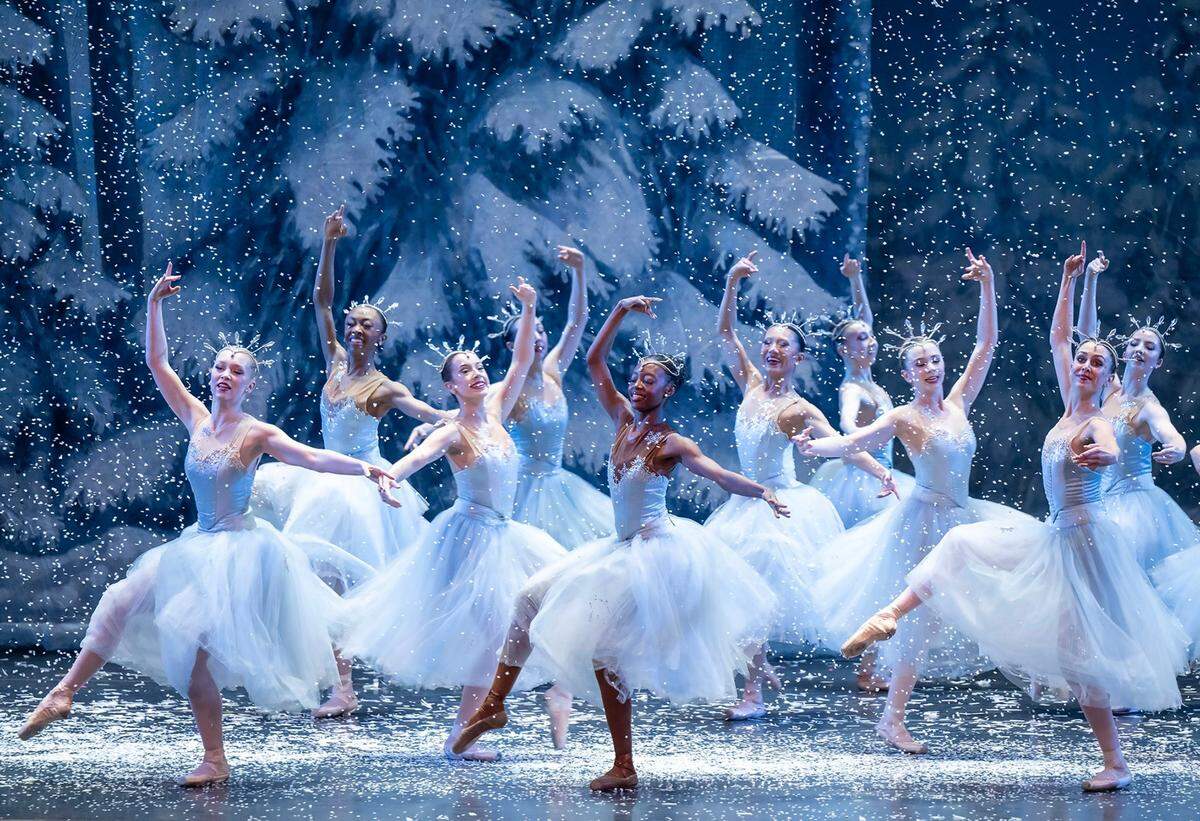 Kansas City Ballet dancers perform during the Kingdown of the Snow scene during the final dress rehearsal of  “The Nutcracker” at the Kauffman Center for the Performing Arts on Dec. 4, 2024, in Kansas City.