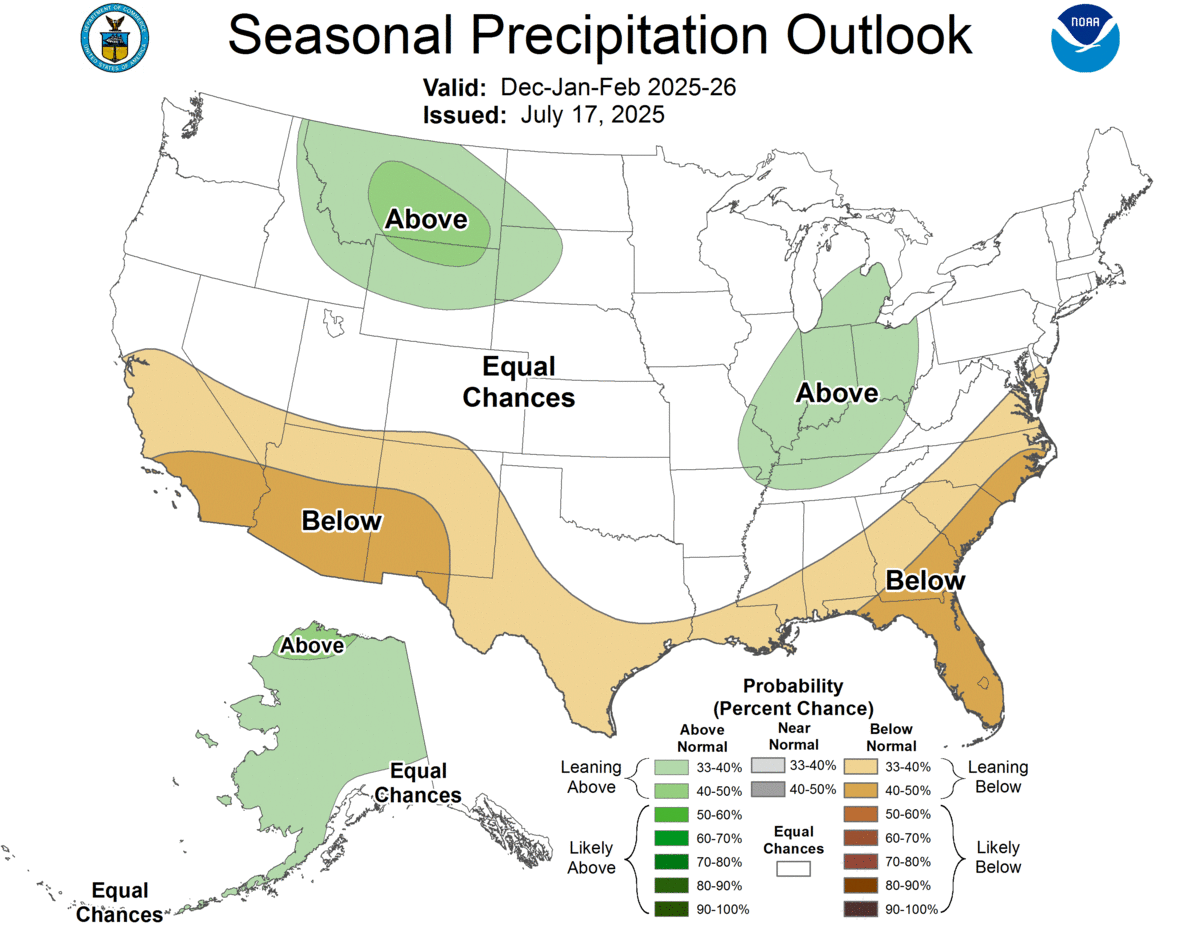 Like the winter outlook for temperatures, there is no clear signal yet on whether this upcoming winter season will be snowier or drier than normal, according to the National Weather Service’s Climate Prediction Center. The latest outlook gives the metro equal odds for being wetter, drier or about average. These outlook maps are updated every third Thursday of the month.