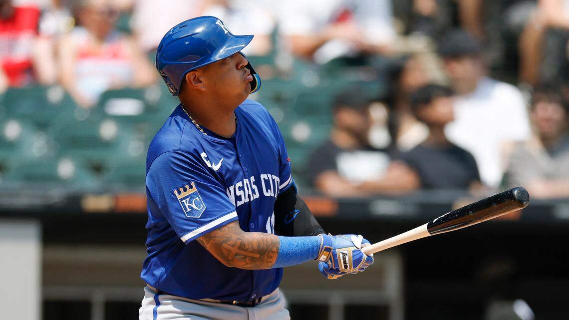Kansas City Royals catcher Salvador Perez watches the flight of his two-run home run during the fourth inning of a Sunday, June 8, 2025 Major League Baseball game against the White Sox at Rate Field in Chicago.