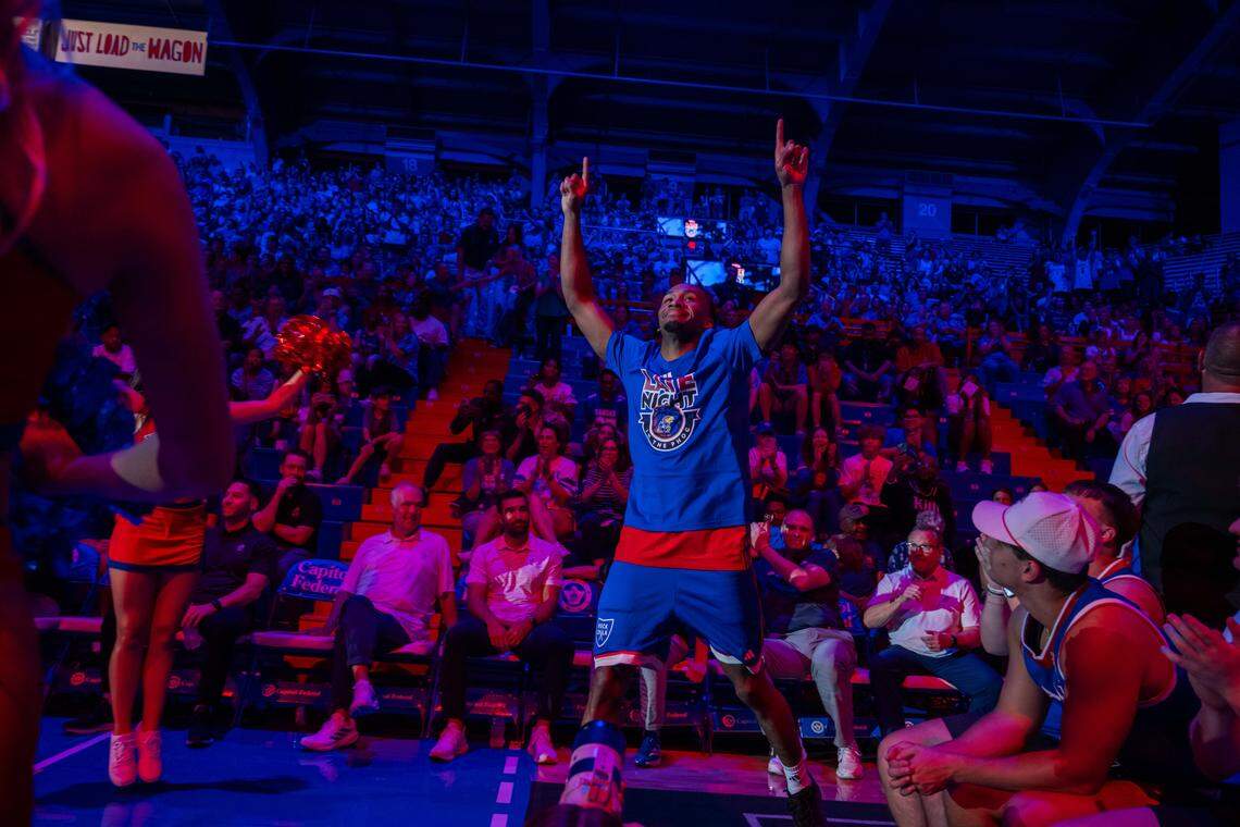 Kansas Jayhawks guard Darryn Peterson points to the sky during introductions at Late Night in the Phog, on Friday, October 17, 2025, in Lawrence.