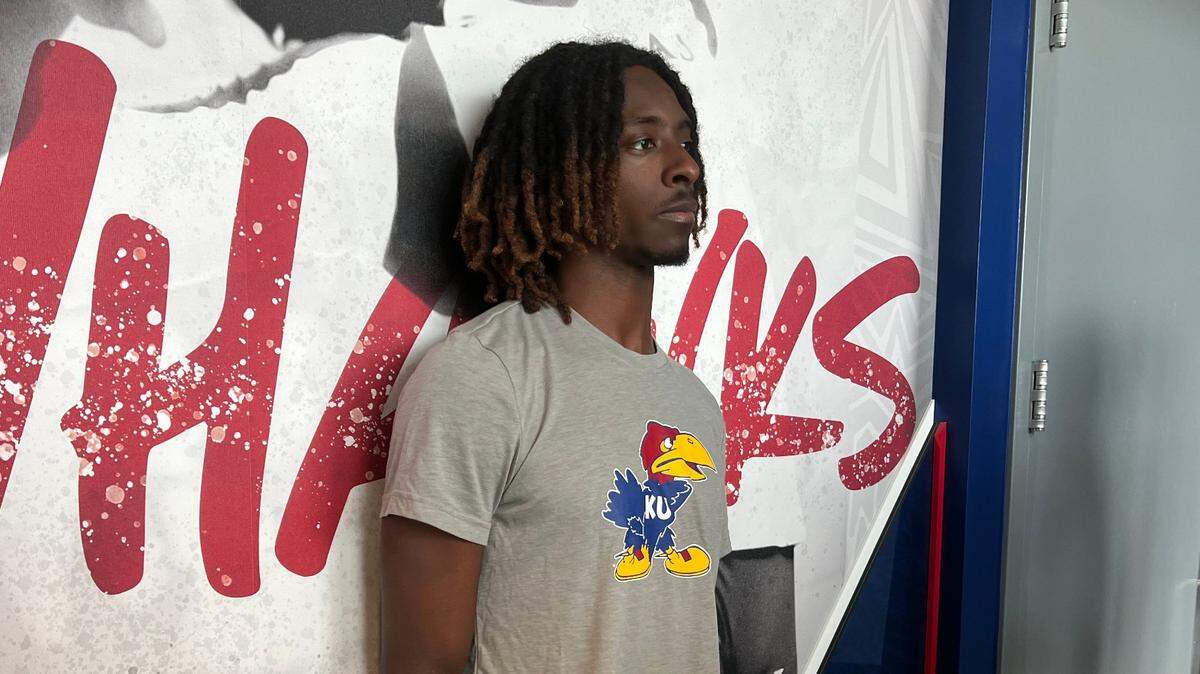 Kansas men’s basketball freshman Jamari McDowell speaks with reporters at Bill Self’s hoops camp in Lawrence.