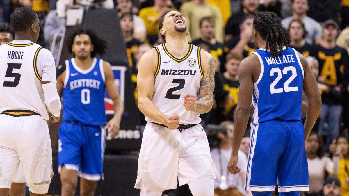 Missouri’s Tre Gomillion screams after a basket during the second half against Kentucky on Wednesday, Dec. 28, 2022, in Columbia, Mo. Missouri won 89-75.