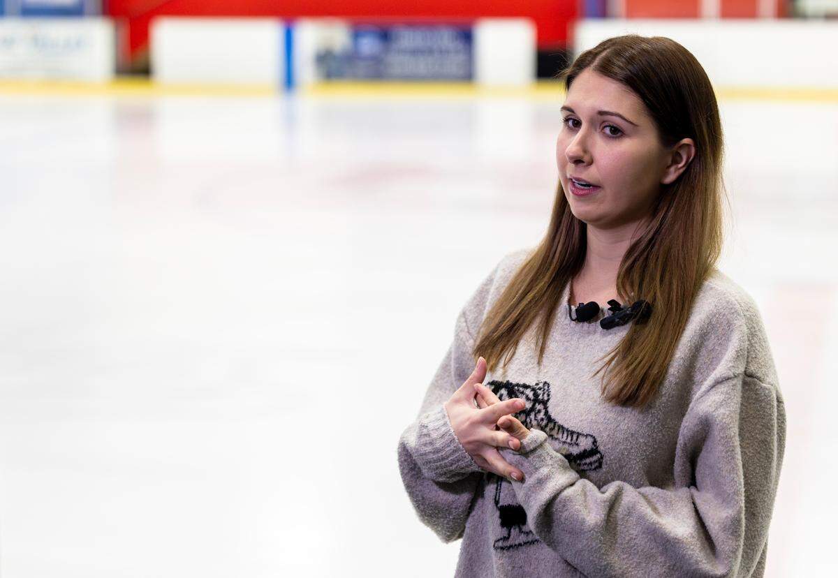 Bonnie Lewis, a figure skating coach with the Kansas City Figure Skating Club, speaking at the Kansas City Ice Center, about those in the figure skating community who were killed in a plane crash near Washington D.C.