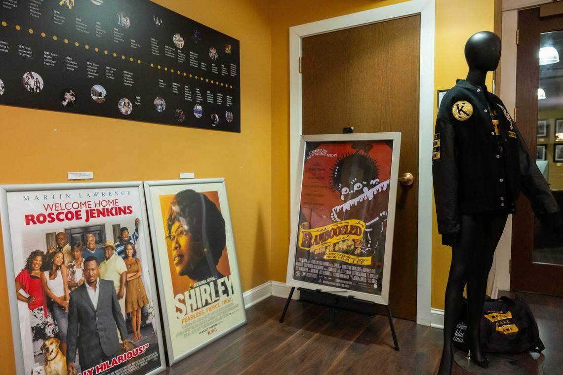 Movie posters and merchandise from FOX4 film critic Shawn Edwards are on display at the launch event for the Black Movie Hall of Fame, at the Black Archives of Mid-America, on Saturday, February 28, 2026. The Black Movie Hall of Fame with open in the newly renovated Boone Theater in the 18th and Vine Jazz District.