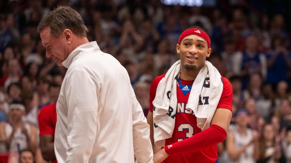 Kansas Jayhawks head coach Bill Self slaps five with guard Dajuan Harris Jr. before his speech following the win on Senior Day vs. the Arizona Wildcats on Saturday, March 8, 2025, at Allen Fieldhouse.