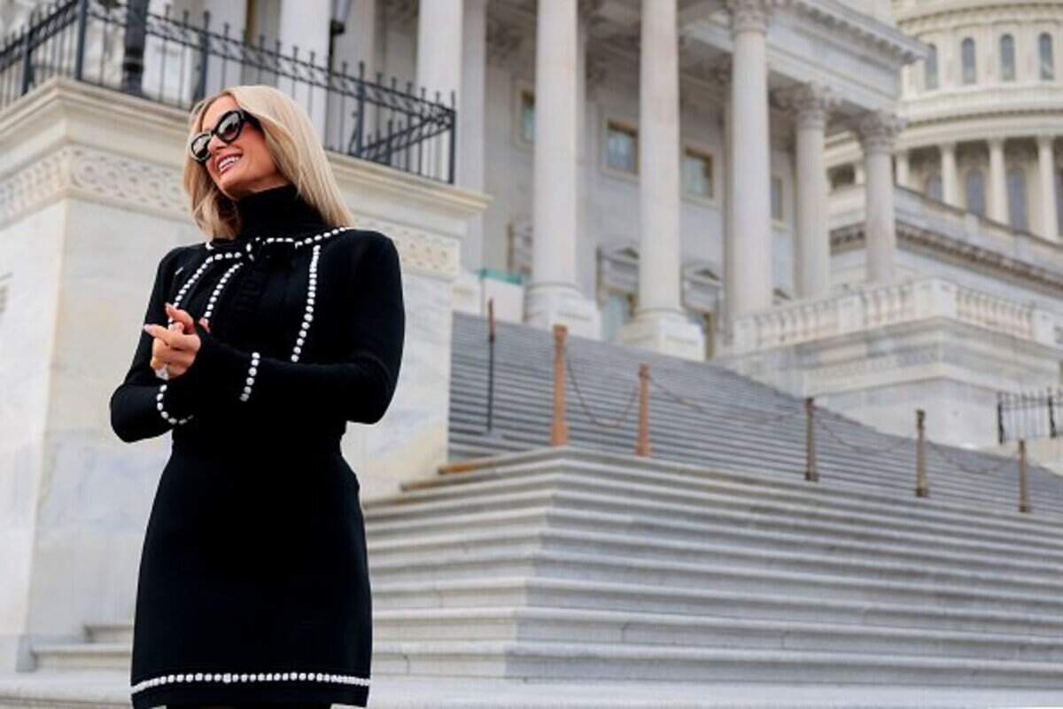 Paris Hilton stops for the press at the U.S. Capitol after a news conference in support of the DEFIANCE Act on January 22, 2026 in Washington, D.C. The act proposes that legal recourse be provided for victims of nonconsensual deepfake pornography.