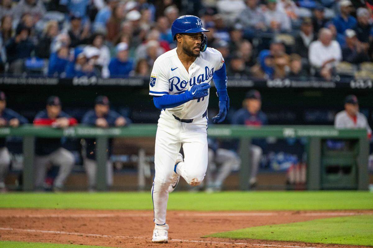 Kansas City Royals third baseman Maikel Garcia (11) runs toward first base during a game against the Boston Red Sox on Tuesday, May 19, 2026, at Kauffman Stadium.