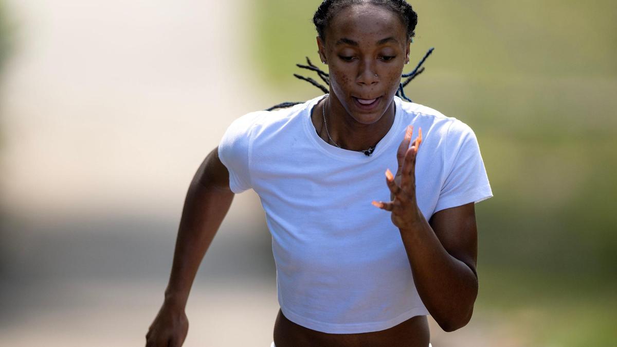 Zaya Akins runs stairs at Paseo High School during a workout last week in Kansas City. Akins graduated from Raytown South High School as the fastest girls sprinter in Missouri history. Now she has her sights set on competing at the Division I level in college.