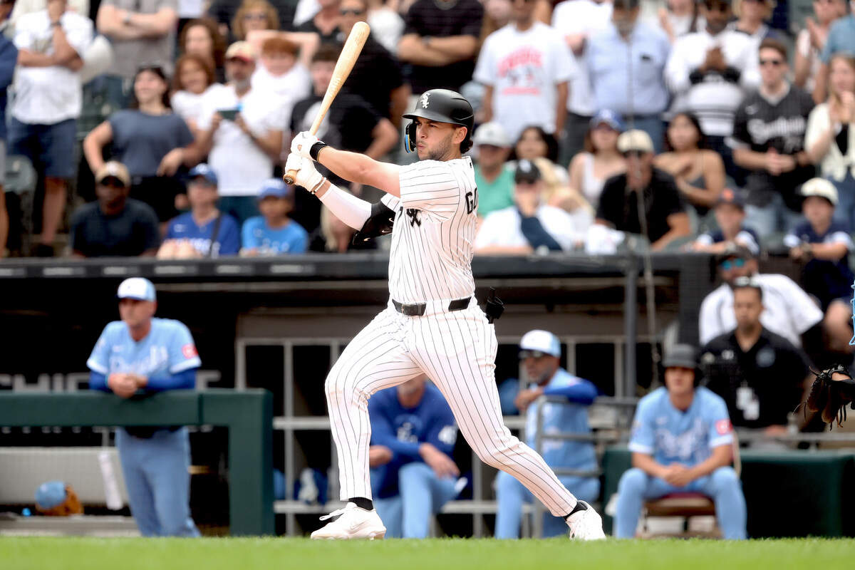Chicago White Sox first baseman Jacob Gonzalez hits a walk-off single to win the game off of Kansas City Royals reliever John Schreiber (not pictured) at Rate Field on June 27, 2026 in Chicago, Illinois.