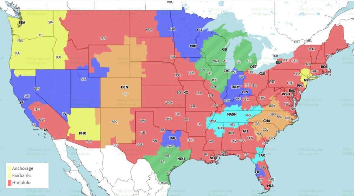 The Chiefs game on CBS will be seen in the light red areas; The Colts-Raiders game is dark blue; Broncos-Panthers is orange; Texans-Bears is green; Titans-Jaguars in light blue; Jets-Seahawks is yellow.