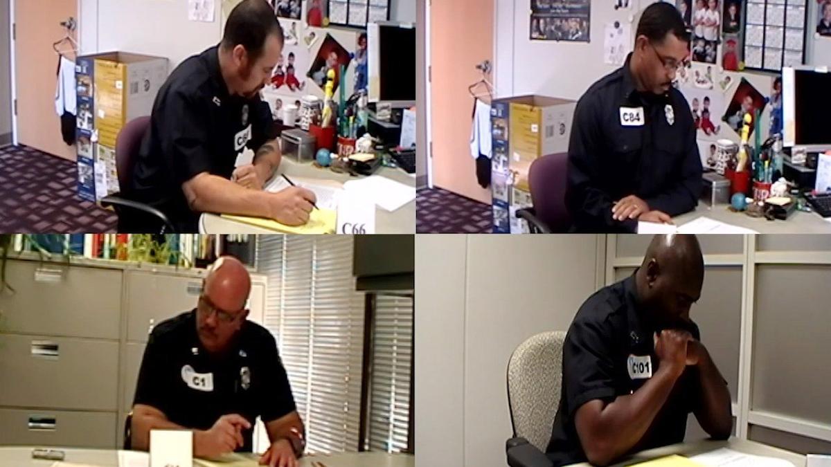 Video frame grabs show Kansas City firefighters participating in testing for promotions within the department. A portion of the test is done on video which opponents of the method say allows test graders opportunity to base their grades on more than just the answers given.