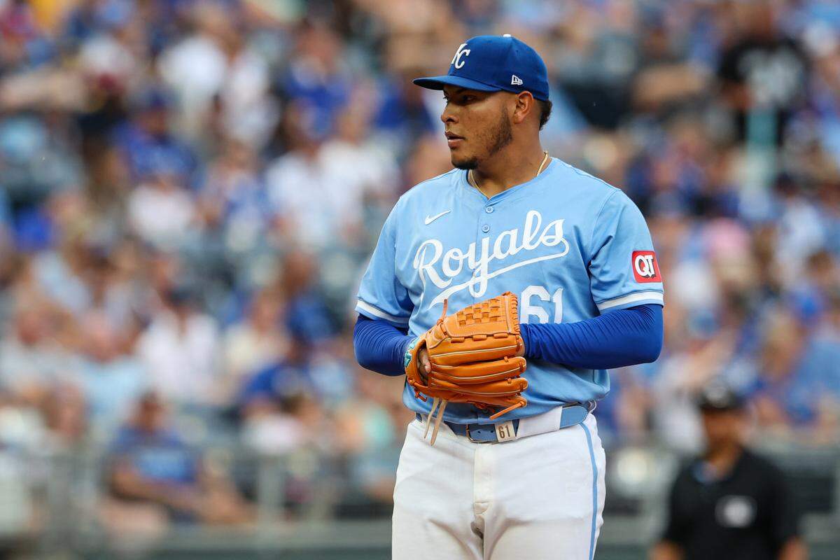 Kansas City Royals pitcher Angel Zerpa (61) on the mound during the fifth inning against the Cleveland Guardians at Kauffman Stadium on Jun 28, 2024 in Kansas City, Missouri, USA.