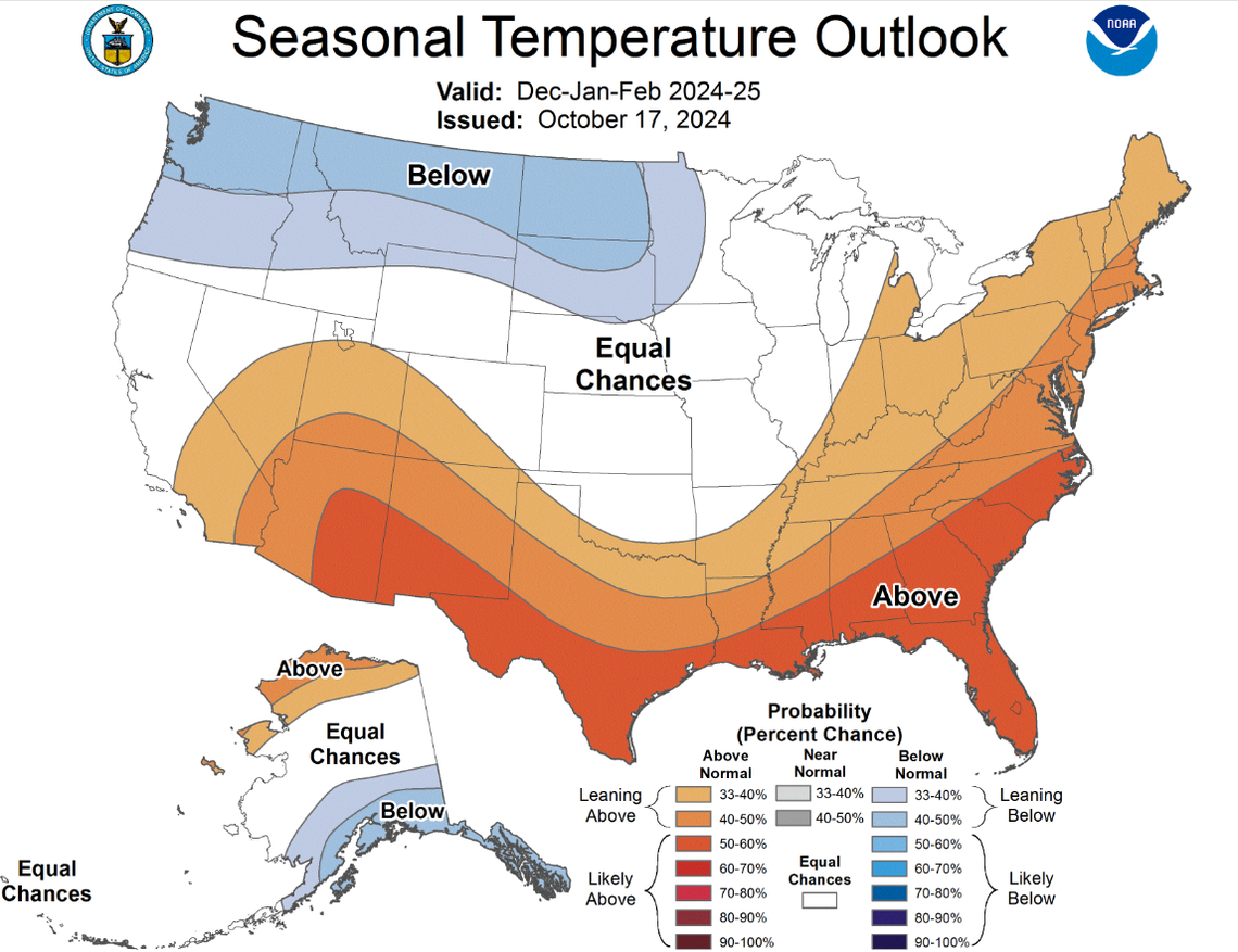 This map from the Climate Prediction Center shows projected temperature trends in the U.S. for December 2024 and January and February 2025.