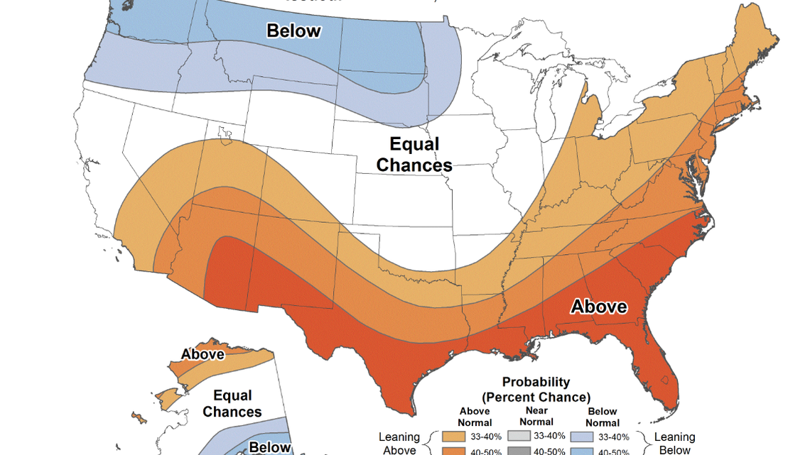 This map from the Climate Prediction Center shows projected temperature trends in the U.S. for December 2024 and January and February 2025.