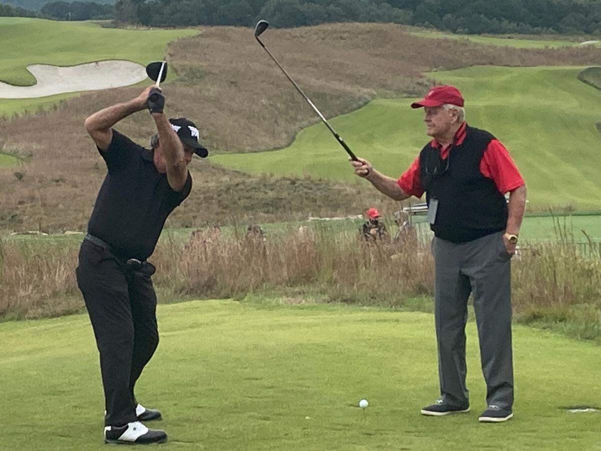 Gary Player and Jack Nicklaus teed it up Tuesday to test out Tiger Woods’ newly opened public golf course near Branson, Missouri, created and named in memory of Payne Stewart.