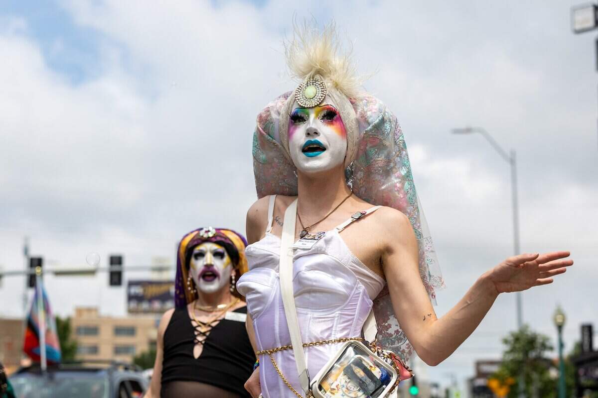 Sister Molly from City of fountains Sisters dance and sing during Kansas City's Annual Pride Parade at Westport Rd on Saturday, June 6, 2026.