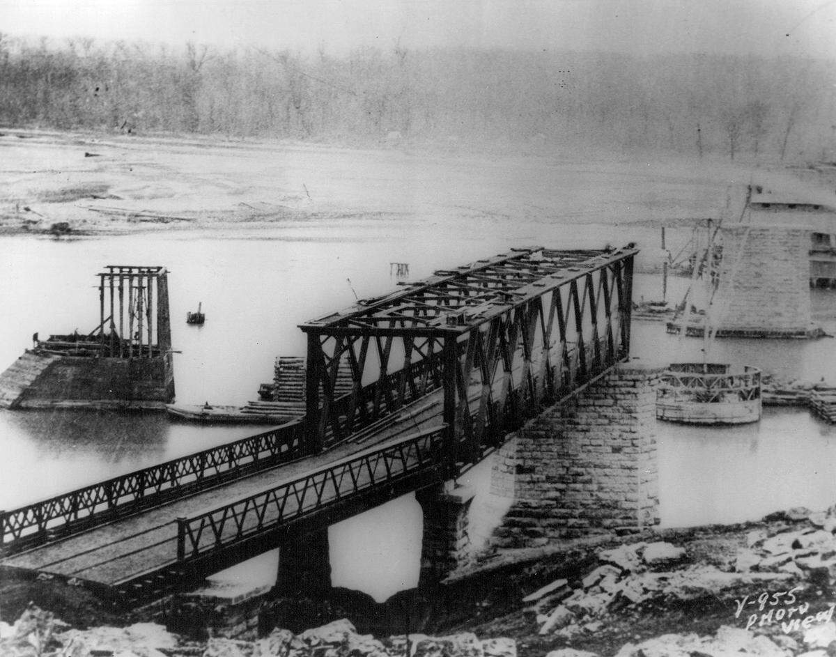 The first Hannibal Bridge under construction in 1869 across the Missouri River in Kansas City, Missouri.