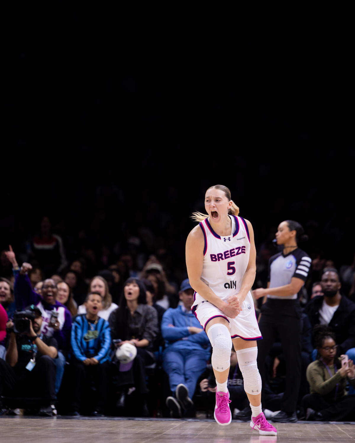 Paige Bueckers fired up during Unrivaled’s New York tour stop. Breeze versus Mist semifinals game on March 2, 2026.