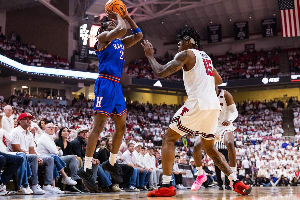 Darryn Peterson #22 of the Kansas Jayhawks shoots the ball over JT Toppin #15 of the Texas Tech Red Raiders during the second half of the game at United Supermarkets Arena on Feb. 2, 2026 in Lubbock, Texas.