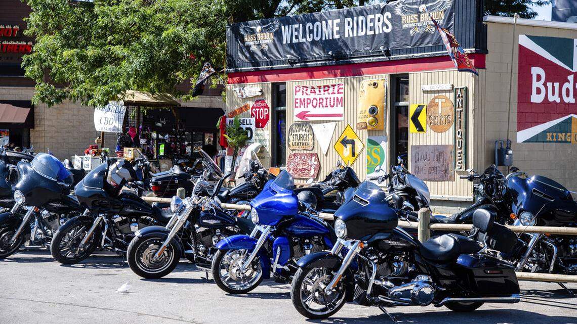 Bikes are parked along Main Street during the 80th annual Sturgis Motorcycle Rally on Friday, Aug. 14, 2020, in Sturgis, South Dakota. 