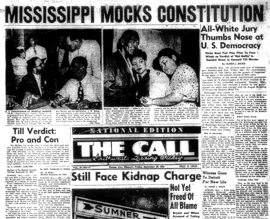 The Call’s coverage of the trial for the murder of Emmett Till was far different from The Star and Times’. When Roy Bryant and John Millam were acquitted in September 1955, The Call put several stories on the front page and published a photo of Till’s mother, Mamie Bradley, grieving.