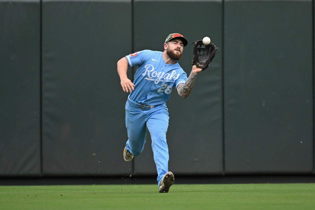 Royals outfielder Kyle Isbel catches a fly ball in center during the host Cardinals’ half of the fifth inning at Busch Stadium in St. Louis on Saturday, May 16, 2026.