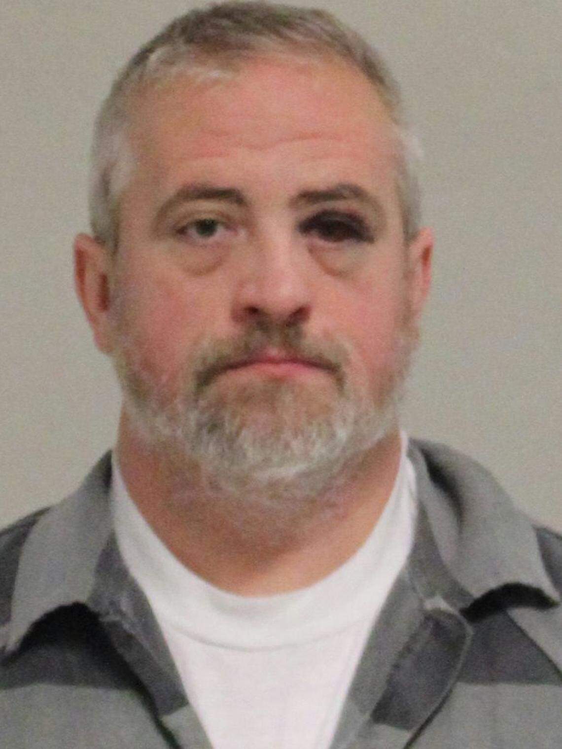 Arrest photo of Jeffrey Traviss King, 42, of Kansas City with a black eye received during a fight that led to the Jan. 12 shooting death of his neighbor, Christopher Cole Wells, 41.