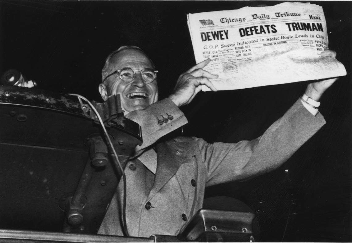 In 1948, Harry Truman displayed the “Dewey Defeats Truman” edition of the Chicago Tribune during a stop in St. Louis two days after the election.